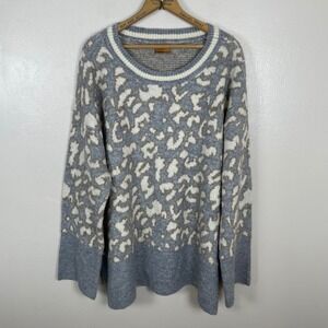 POL Women's L Sweater Grey Leopard Animal Print Oversized Crewneck Boho BST210
